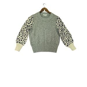 Madewell Sweater M Gray Leopard Pr Sleeve Cotton Merino Wool Balloon Sl Crewneck